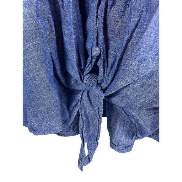 Lane Bryant Top 14 XL Button Up Chambray Tie Front Blue Pin Up Preppy Linen Blnd - Picture 4 of 9